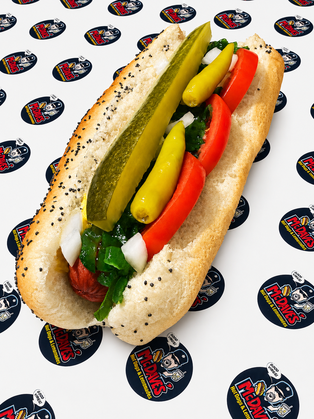 Chicago-style hotdog with relish, tomato, pickle, sport peppers, and poppy seed bun